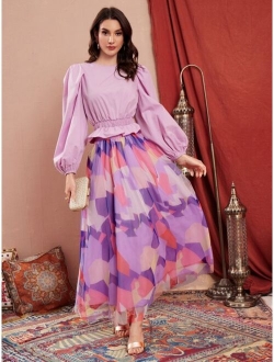 Lantern Sleeve Shirred Peplum Blouse & Color Block Mesh Overlay Skirt