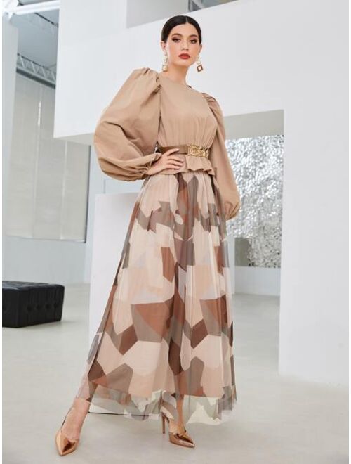 SHEIN Lantern Sleeve Shirred Peplum Blouse & Color Block Mesh Overlay Skirt