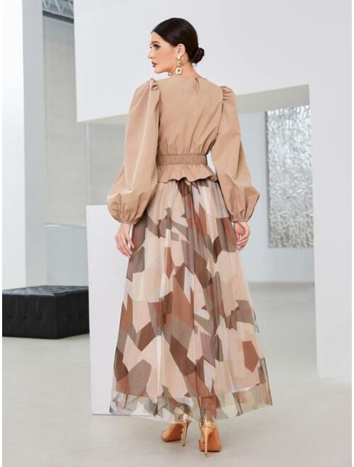 SHEIN Lantern Sleeve Shirred Peplum Blouse & Color Block Mesh Overlay Skirt