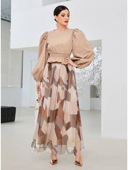 SHEIN Lantern Sleeve Shirred Peplum Blouse & Color Block Mesh Overlay Skirt