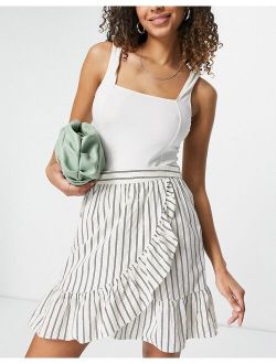 organic cotton wrap mini skirt with ruffle in white stripe