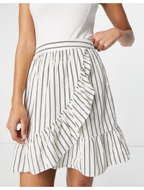 Vero Moda organic cotton wrap mini skirt with ruffle in white stripe