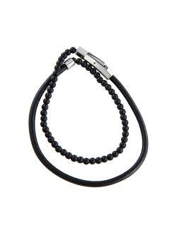 Men's Black Agate & Black Leather Wrap Bracelet