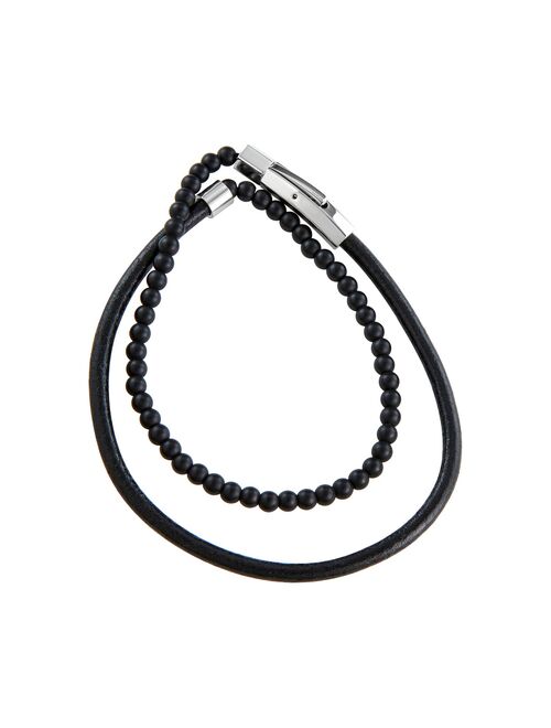 Simply Vera Vera Wang Men's Black Agate & Black Leather Wrap Bracelet