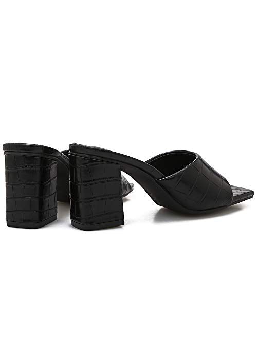 Camssoo Women's Heeled Mules Square Open Toe Sandals Flip Flops Slip On Fashion Wedding Dress Chunky Block Heels Open Back High Heel Slide Slipper
