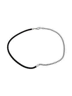 Men's Black Braided Leather & Stainless Steel Wrap Bracelet