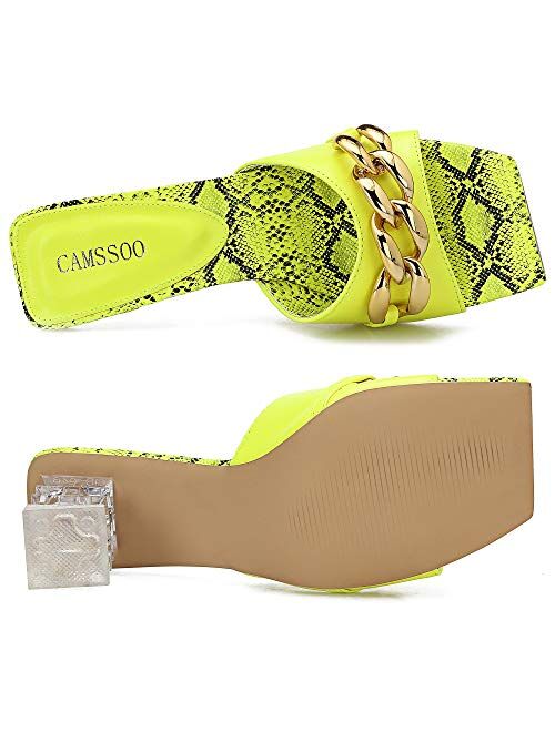Camssoo Women's Chain Detail Square Toe Heeled Sandals Lucite Block Chunky Heel Mules Open Toe Slip On Dress Backless High Heels Slides Slippers