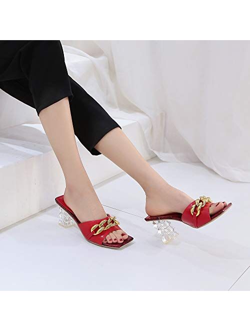 Camssoo Women's Chain Detail Square Toe Heeled Sandals Lucite Block Chunky Heel Mules Open Toe Slip On Dress Backless High Heels Slides Slippers
