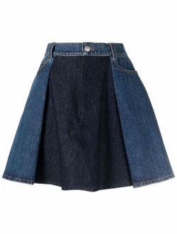 pleated panel denim mini skirt