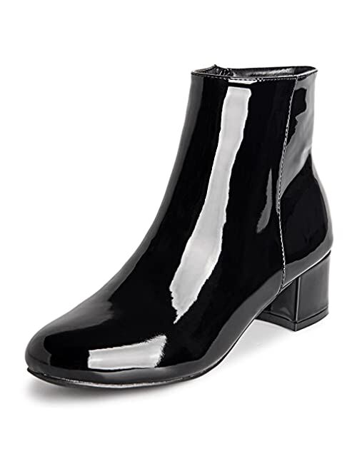 Camssoo Women's Patent Leather PU Booties Low Mid Block Heel Ankle Boots Slip On Side Zippers Round Toe Short Boots