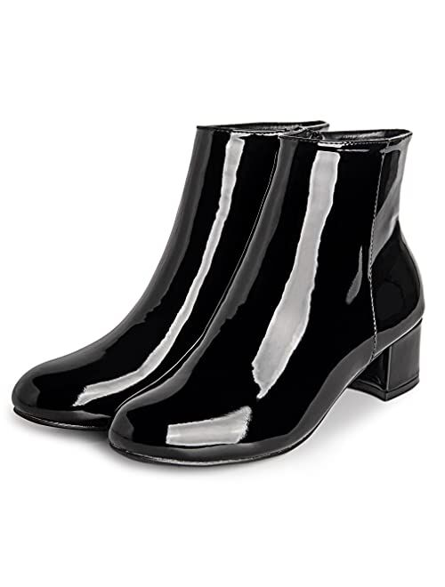 Camssoo Women's Patent Leather PU Booties Low Mid Block Heel Ankle Boots Slip On Side Zippers Round Toe Short Boots