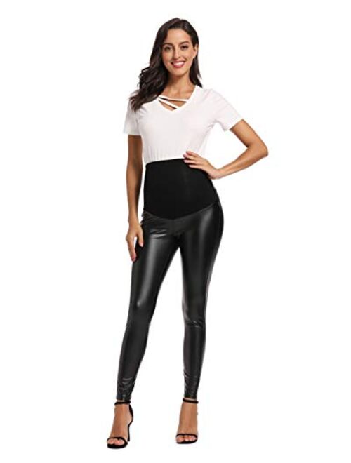 Foucome Maternity Faux Leather Leggings High Waisted Stretchy Comfy Pants Tights Over The Belly