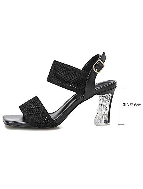 Camssoo Women's Ankle Strap Heels Sandals Square Open Toe Wedding Dress Sexy Clear Lucite Chunky Block Heels Pumps High Heel Shoes