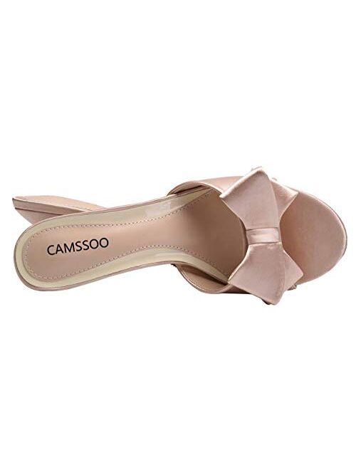 Camssoo Women's Satin Kitten Heels Mules Sandals Slip On Bowknot Open Toe Backless Dress Sexy Low Heeled Slipper Slides