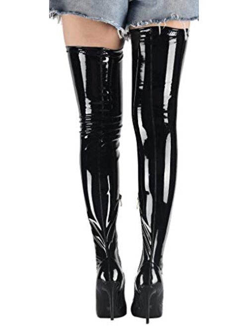 Camssoo Women's Patent Leather PU Thigh High Boots Pointy Toe Side Zippe Fashion Comfy Sexy Stiletto High Heel Over The Knee Boots