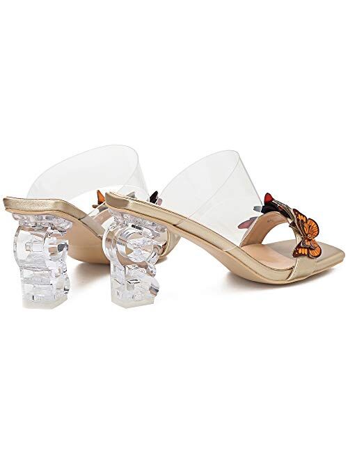 Camssoo Women's Clear PVC Heeled Mules Slip on Square Open Toe Sandals Butterfly Decoration Backless Lucite Clear Chunky Block Heels Slippers Slides