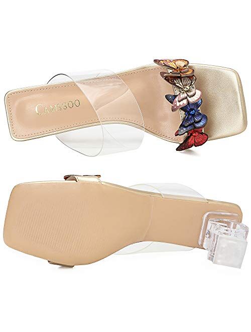 Camssoo Women's Clear PVC Heeled Mules Slip on Square Open Toe Sandals Butterfly Decoration Backless Lucite Clear Chunky Block Heels Slippers Slides
