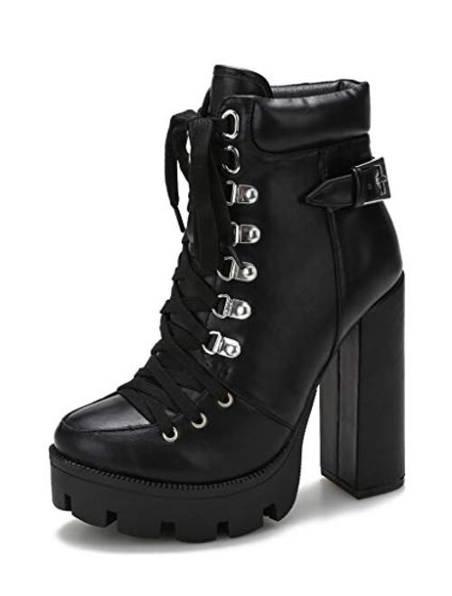 Camssoo Women's Platform Combat Boots Round Toe Chunky Block Heel Boot Lace Up High Heels Ankle Booties