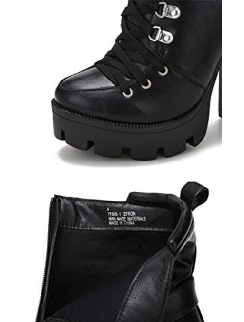 Camssoo Women's Platform Combat Boots Round Toe Chunky Block Heel Boot Lace Up High Heels Ankle Booties