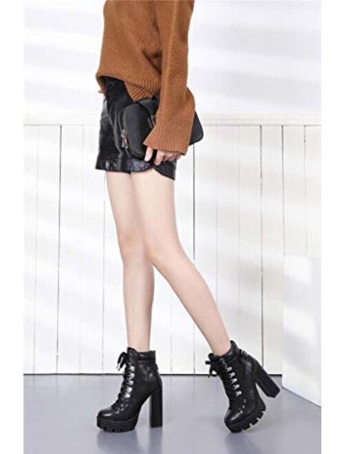 Camssoo Women's Platform Combat Boots Round Toe Chunky Block Heel Boot Lace Up High Heels Ankle Booties