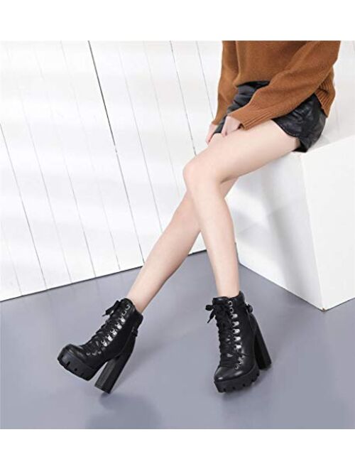 Camssoo Women's Platform Combat Boots Round Toe Chunky Block Heel Boot Lace Up High Heels Ankle Booties