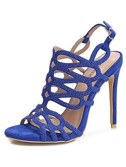 Women's Suede Stiletto Heeled Sandals Open Toe Rhinestone Hollow Out Slingback Gladiator Wedding Sexy Dress High Heels Pumps