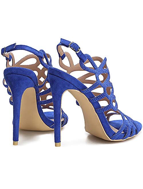 Camssoo Women's Suede Stiletto Heeled Sandals Open Toe Rhinestone Hollow Out Slingback Gladiator Wedding Sexy Dress High Heels Pumps