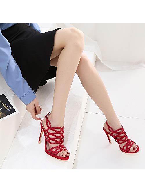 Camssoo Women's Suede Stiletto Heeled Sandals Open Toe Rhinestone Hollow Out Slingback Gladiator Wedding Sexy Dress High Heels Pumps