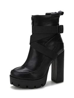 Women's Platform Combat Boots Round Toe High Heels Ankle Boots Strap Adjustable Buckle Zipper Short Boot Block Chunky Heel Booties