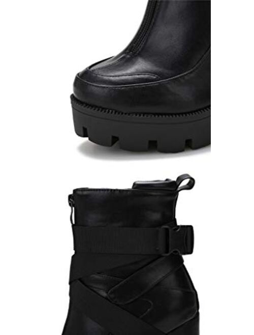 Camssoo Women's Platform Combat Boots Round Toe High Heels Ankle Boots Strap Adjustable Buckle Zipper Short Boot Block Chunky Heel Booties