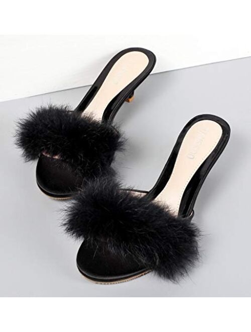 Camssoo Women's Faux fur Kitten Heel Sandals Mules Slip On Open Toe Backless Dress Sexy Low Heeled Slipper Slides