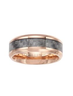 Men's Rose Gold Tone Stainless Steel Carbon Fiber Beveled Edge Ring