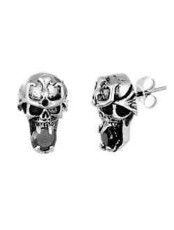 Men's Stainless Steel Black Cubic Zirconia Skull Stud Earrings
