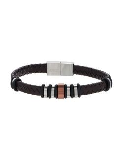 Men's Tri Tone Stainless Steel Woven Leather Bracelet