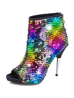 Women's Colorful Sequin Stiletto Boots Peep Toe Rear Zipper Sexy Dress Wedding Glitter High Heels Sandals Ankle Boots