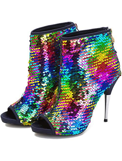 Camssoo Women's Colorful Sequin Stiletto Boots Peep Toe Rear Zipper Sexy Dress Wedding Glitter High Heels Sandals Ankle Boots