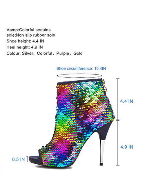 Camssoo Women's Colorful Sequin Stiletto Boots Peep Toe Rear Zipper Sexy Dress Wedding Glitter High Heels Sandals Ankle Boots