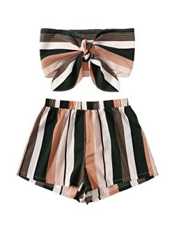 Women's 2 Piece Outfit Tie Front Crop Tube Top and Striped Shorts Set