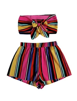 Women's 2 Piece Outfit Tie Front Crop Tube Top and Striped Shorts Set
