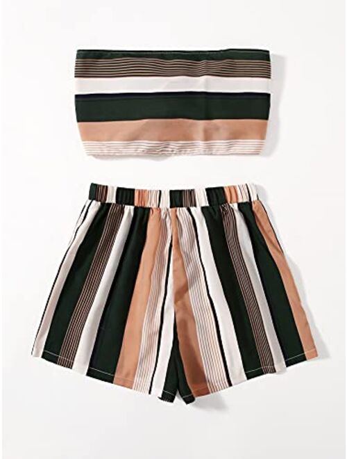 Floerns Women's 2 Piece Outfit Tie Front Crop Tube Top and Striped Shorts Set
