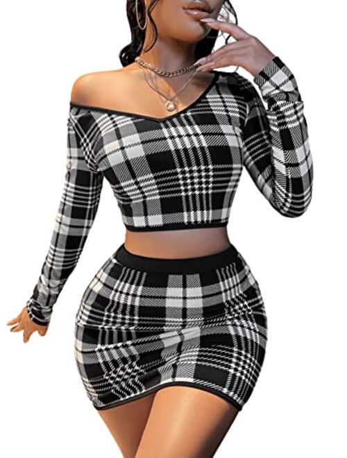 SweatyRocks Women's Plaid 2 Piece Outfits Casual Plaid V Neck Crop Top & Mini Skirt Set