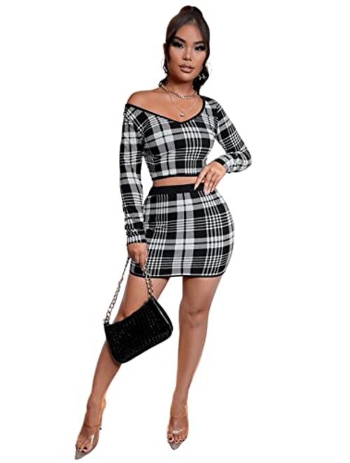 SweatyRocks Women's Plaid 2 Piece Outfits Casual Plaid V Neck Crop Top & Mini Skirt Set