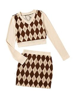 Women's Argyle Print 2 Piece Outfits Long Sleeve Crop Top and Mini Skirt Set