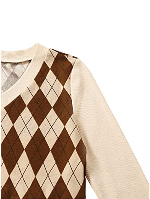 SweatyRocks Women's Argyle Print 2 Piece Outfits Long Sleeve Crop Top and Mini Skirt Set