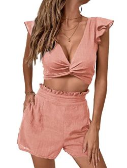 Women's 2 Piece Outfits Twist Front V Neck Tee Top and Paper Bag Waist Shorts