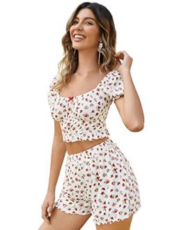 Women's 2 Piece Outfits Cute Floral Print Short Sleeve Crop Top and Shorts Set