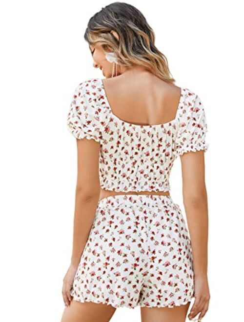 SweatyRocks Women's 2 Piece Outfits Cute Floral Print Short Sleeve Crop Top and Shorts Set