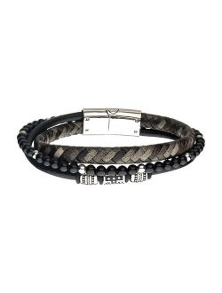 Men's Black Leather Onyx Beaded Bracelet