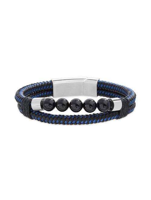 Men's 1913 Woven Black & Blue Leather Bracelet with Synthetic Onyx Beads