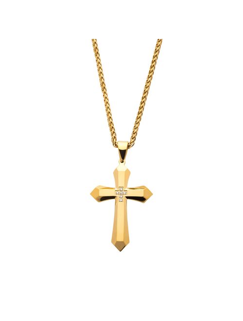 Men's Gold Tone Stainless Steel Cubic Zirconia Cross Pendant Necklace